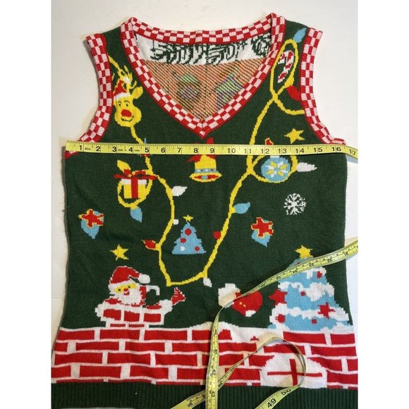Christmas Sweater Vest Small Green And Red With Pixilated Deer, Ornaments, Santa - Picture 7 of 8